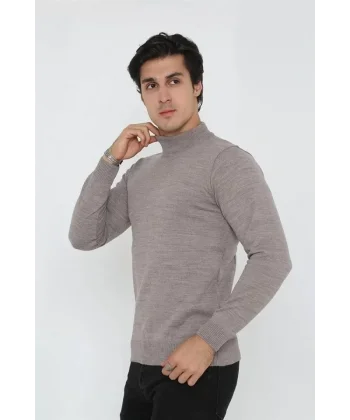 Erkek Yarım Balıkçı Yaka Triko Kazak - Açık Kahverengi