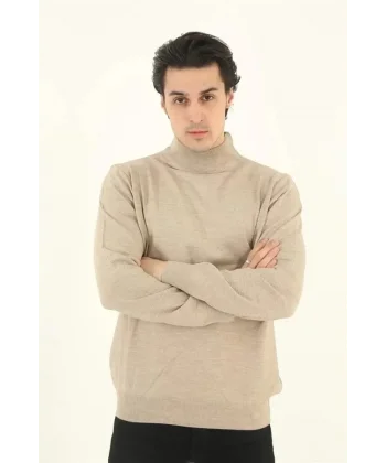 Erkek Yarım Balıkçı Yaka Triko Kazak - Bej