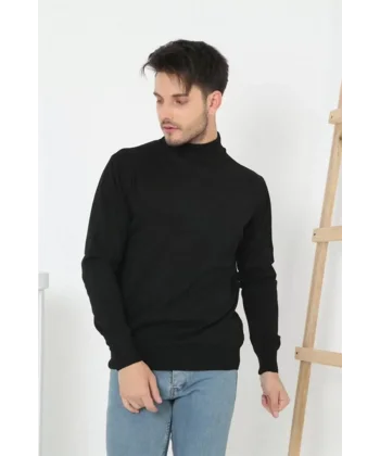 Erkek Yarım Balıkçı Yaka Triko Kazak - Siyah