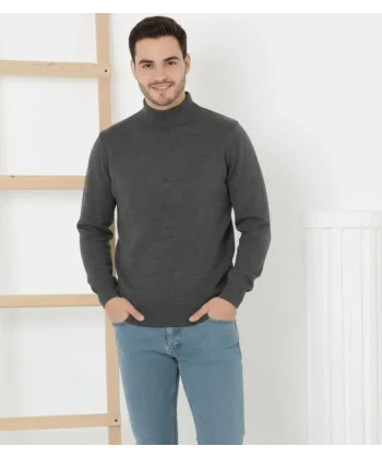 Erkek Yarım Boğaz Triko Kazak Yumuşak Dokulu Pamuklu Ince Dokuma, Uzun Kollu Rahat Regular Kalıp - Füme