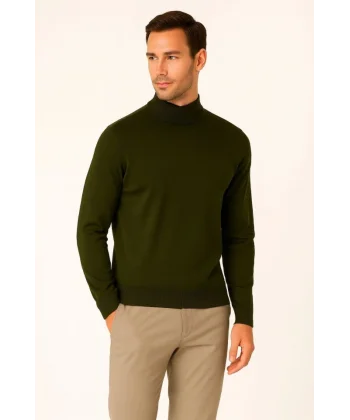 Erkek Yarım Boğaz Triko Kazak Yumuşak Dokulu Pamuklu Ince Dokuma, Uzun Kollu Rahat Regular Kalıp - Haki