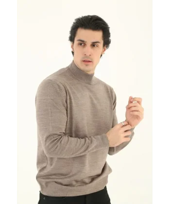 Erkek Yarım Boğaz Triko Kazak Yumuşak Dokulu Pamuklu Ince Dokuma, Uzun Kollu Rahat Regular Kalıp - Kahverengi