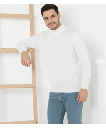 Erkek Yarım Boğaz Triko Kazak yumuşak dokulu Pamuklu ince Dokuma, uzun kollu Rahat Regular kalıp - Beyaz