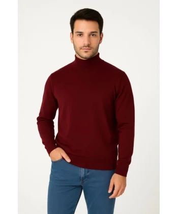 Erkek Yarım Boğaz Triko Kazak Yumuşak Dokulu Pamuklu Ince Dokuma, Uzun Kollu Rahat Regular Kalıp - Bordo