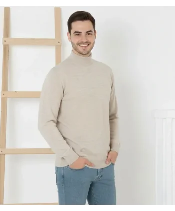 Erkek Yarım Boğaz Triko Kazak Yumuşak Dokulu Pamuklu Ince Dokuma, Uzun Kollu Rahat Regular Kalıp - Krem