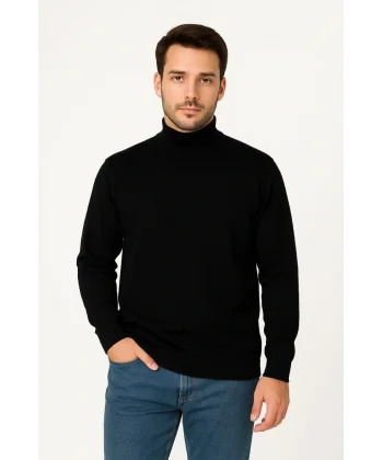 Erkek Yarım Boğaz Triko Kazak yumuşak dokulu Pamuklu ince Dokuma, uzun kollu Rahat Regular kalıp - Siyah