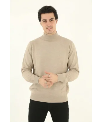 Erkek Yarım Boğaz Triko Kazak yumuşak dokulu Pamuklu ince Dokuma, uzun kollu Rahat Regular kalıp - Bej