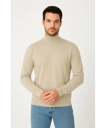 Erkek Yarım Boğaz Triko Kazak Yumuşak Dokulu Pamuklu Ince Dokuma, Uzun Kollu Rahat Regular Kalıp - Bej