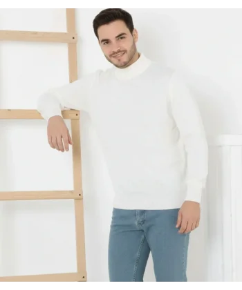Erkek Yarım Boğaz Triko Kazak Yumuşak Dokulu Pamuklu Ince Dokuma, Uzun Kollu Rahat Regular Kalıp - Beyaz