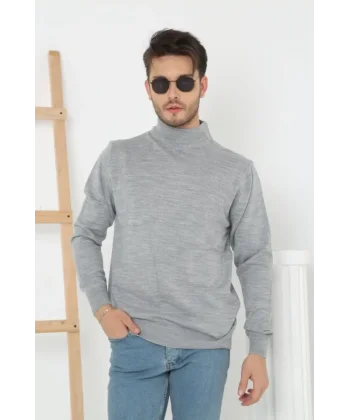 Erkek Yarım Boğaz Triko Kazak Yumuşak Dokulu Pamuklu Ince Dokuma, Uzun Kollu Rahat Regular Kalıp - Gri