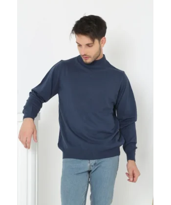 Erkek Yarım Boğaz Triko Kazak Yumuşak Dokulu Pamuklu Ince Dokuma, Uzun Kollu Rahat Regular Kalıp - İndigo