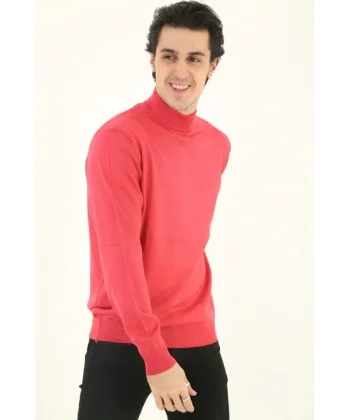 Erkek Yarım Boğaz Triko Kazak Yumuşak Dokulu Pamuklu Ince Dokuma, Uzun Kollu Rahat Regular Kalıp - Pembe