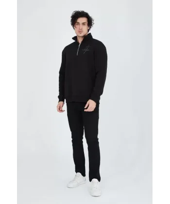 Erkek Yarım Fermuarlı Baskılı Sweat - Siyah