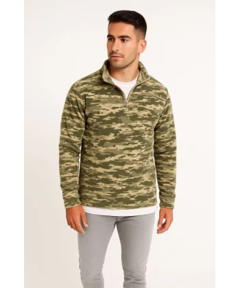 Erkek Yarım Fermuarlı Desenli Polar Sweat – Haki Kamuflaj Yakalı, Uzun Kollu, Oversize Rahat Kalıp - Haki