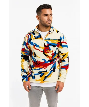 Erkek Yarım Fermuarlı Desenli Polar Sweat – Renkli Abstract Desen Yakalı, Uzun Kollu, Oversize Rahat Kalıp, - Beyaz
