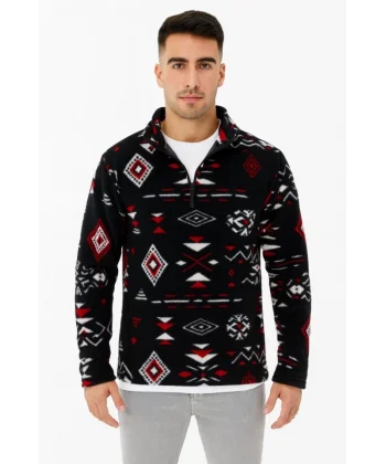 Erkek Yarım Fermuarlı Desenli Polar Sweat Tribal Etnik Desen Yakalı, Uzun Kollu, Oversize Rahat Kalıp, - Siyah