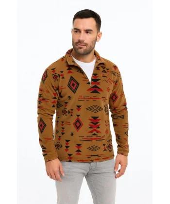 Erkek Yarım Fermuarlı Desenli Polar Sweat Tribal Etnik Desen Yakalı, Uzun Kollu, Oversize Rahat Kalıp, - Kahverengi