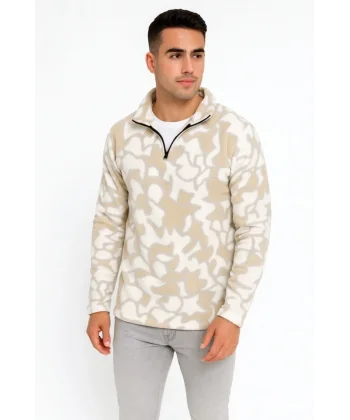 Erkek Yarım Fermuarlı Desenli Polar Sweat Yakalı, Uzun Kollu, Oversize Rahat Kalıp - Bej