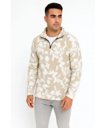 Erkek Yarım Fermuarlı Desenli Polar Sweat Yakalı, Uzun Kollu, Oversize Rahat Kalıp - Bej