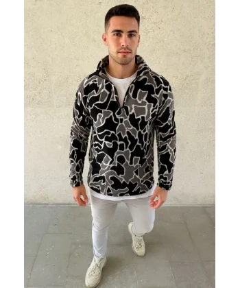 Erkek Yarım Fermuarlı Desenli Polar Sweat Yakalı, Uzun Kollu, Oversize Rahat Kalıp - Siyah