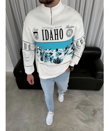Erkek Yarım Fermuarlı Oversize Baskılı SweatShirt - Beyaz