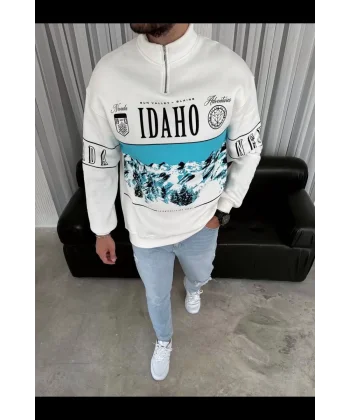 Erkek Yarım Fermuarlı Oversize Baskılı SweatShirt - Beyaz