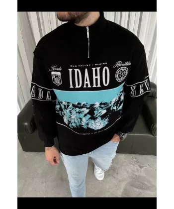Erkek Yarım Fermuarlı Oversize Baskılı SweatShirt - Siyah