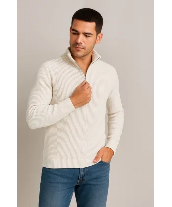 Erkek Yarım Fermuarlı Triko Kazak – Selanik Örgü, Dik Yaka, Pamuklu Dokuma, Regular Fit Uzun Kollu Kışlık Model - Beyaz