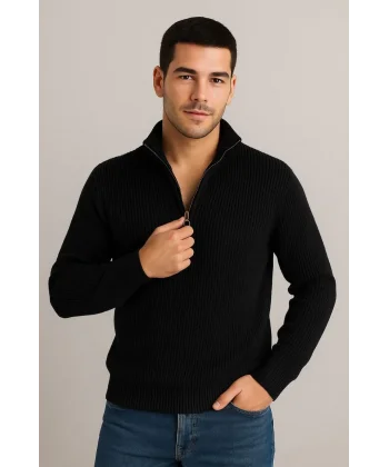 Erkek Yarım Fermuarlı Triko Kazak – Selanik Örgü, Dik Yaka, Pamuklu Dokuma, Regular Fit Uzun Kollu Kışlık Model - Siyah