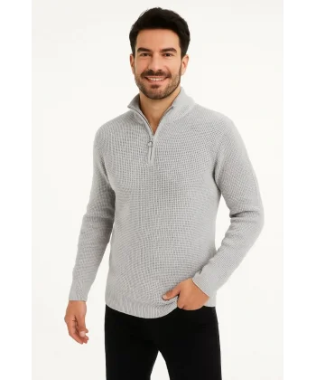 Erkek Yarım Fermuarlı Triko Kazak – Selanik Örgü, Dik Yaka, Pamuklu Dokuma, Regular Fit Uzun Kollu Kışlık Model - Gri