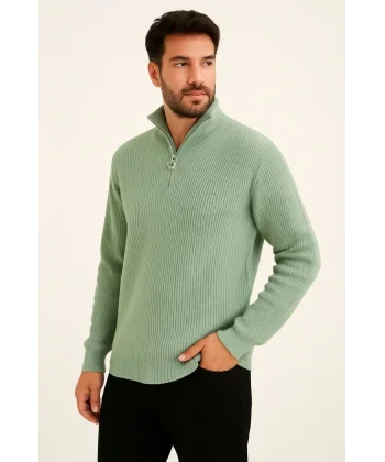 Erkek Yarım Fermuarlı Triko Kazak – Selanik Örgü, Dik Yaka, Pamuklu Dokuma, Regular Fit Uzun Kollu Kışlık Model - Mint Yeşili