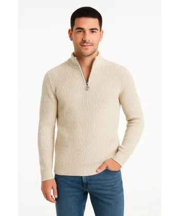 Erkek Yarım Fermuarlı Triko Kazak – Selanik Örgü, Dik Yaka, Pamuklu Dokuma, Regular Fit Uzun Kollu Kışlık Model - Bej