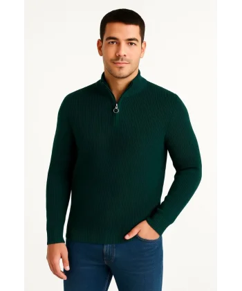 Erkek Yarım Fermuarlı Triko Kazak – Selanik Örgü, Dik Yaka, Pamuklu Dokuma, Regular Fit Uzun Kollu Kışlık Model - Haki
