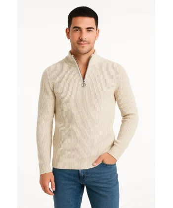 Erkek Yarım Fermuarlı Triko Kazak – Selanik Örgü, Dik Yaka, Pamuklu Dokuma, Regular Fit Uzun Kollu Kışlık Model - Bej