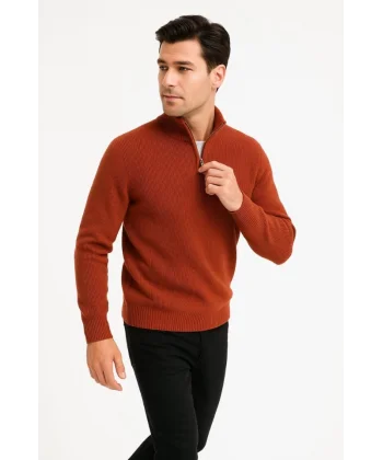 Erkek Yarım Fermuarlı Triko Kazak – Selanik Örgü, Dik Yaka, Pamuklu Dokuma, Regular Fit Uzun Kollu Kışlık Model - Kiremit