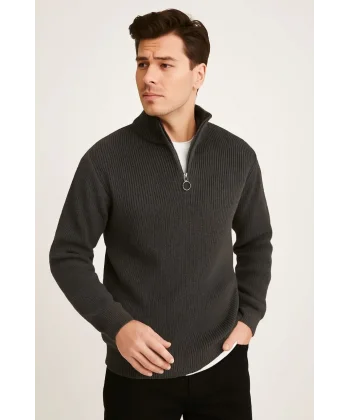 Erkek Yarım Fermuarlı Triko Kazak – Selanik Örgü, Dik Yaka, Pamuklu Dokuma, Regular Fit Uzun Kollu Kışlık Model - Füme