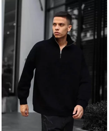 Erkek Yarım Fermuarlı Üç İplik Sweatshirt - Siyah