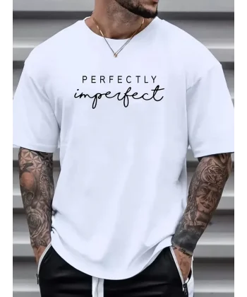 erkekler için Ön Arka Baskılı PERFECTLY günlük Kısa Kol tişört - Beyaz