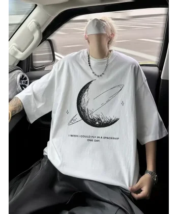 Erkekler için Siyah Tişört Grafik Genç Emo Vintage Gotik Rahat Büyük Beden Kısa Kollu Tişört Giysi Üst - Beyaz