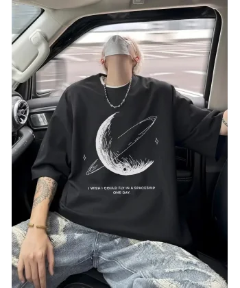 Erkekler için Siyah Tişört Grafik Genç Emo Vintage Gotik Rahat Büyük Beden Kısa Kollu Tişört Giysi Üst- Siyah