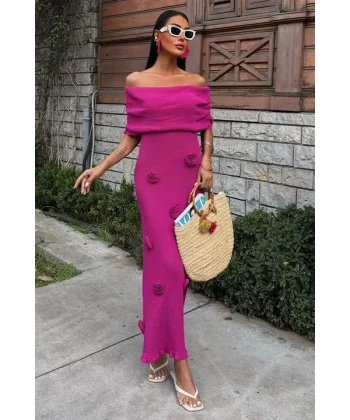 Eteği Gül Detay Madonna Yaka Elbise 2863