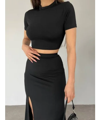 Eteği Yırtmaçlı Sandy Crop Takım -Siyah