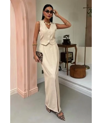 Etek Yırtmaçlı Yelekli Keten Takım 10131