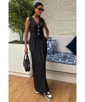 Etek Yırtmaçlı Yelekli Keten Takım 10131