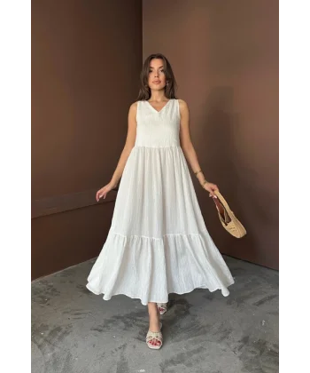 ETEKUCU FIRFIRLI SIRTI BAĞLAMA DETAYLI SALAŞ ELBİSE - Beyaz