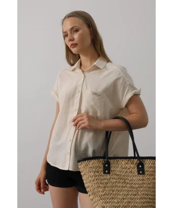 Etiket Detaylı Yarım Kol Gömlek - Taş