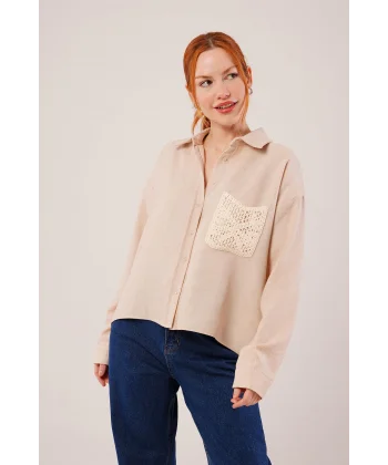 Etnik Cep Detaylı Bej Gömlek