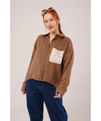 Etnik Cep Detaylı Kahverengi Gömlek