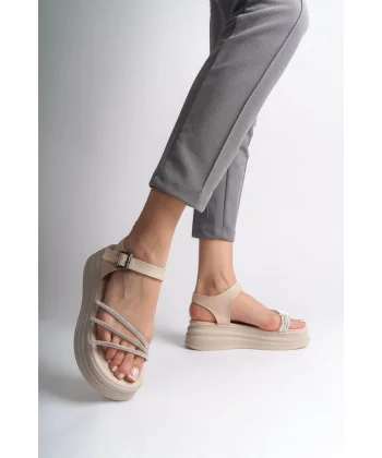 EVA Kalın Tokalı Taşlı Şeritli Ortopedik Taban Kadın Sandalet  CKT - Krem