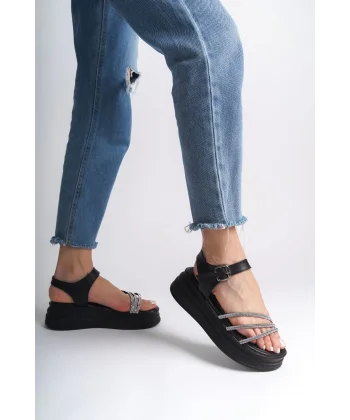EVA Kalın Tokalı Taşlı Şeritli Ortopedik Taban Kadın Sandalet  CST - Siyah